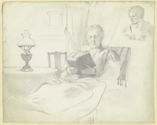 Luise Scholderer leser med bord og lampe, brystbilde av en kvinnelig figur i bakgrunnen