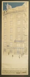 Design for konkurransen til Postsparebanken i Wien … (penn og svart blekk, blå fargestift, gullmaling)