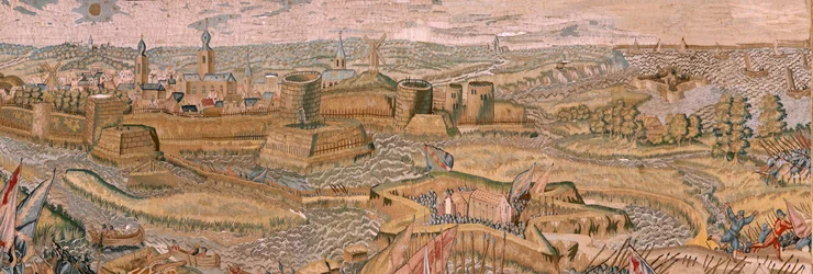 flamsk billedvev. Serietriumfer og slag av erkehertug Albert. Angrep og fangst av den forankrede slagmarken Hulst (Asalto y toma del campo atrincherado de Hulst). Sjette billedvev i serien. Modell Otto van Veen og Hans I Snellinck. Produsent
