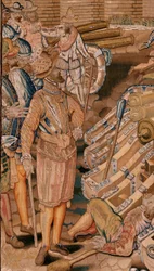 flamsk billedvev. Serietriumfer og slag av erkehertug Albert. Angrep på byen Calais (Asalto de la plaza de Calais). Andre billedvev i serien. Modell Otto van Veen og Hans I Snellinck. Produksjon Martin Reynbouts, Brussel