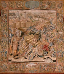 flamsk billedvev. Serietriumfer og slag av erkehertug Albert. Angrep på byen Calais (Asalto de la plaza de Calais). Andre billedvev i serien. Modell Otto van Veen og Hans I Snellinck. Produksjon Martin Reynbouts, Brussel