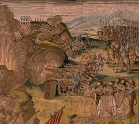flamsk billedvev. Serietriumfer og slag av erkehertug Albert. Nattlig angrep på Ardres eller fangst av den lave byen Ardres (Asalto nocturno de Ardrés o Toma de la baja villa de Ardrés). Tredje billedvev i serien. Modell Otto van Veen og Hans I Snell
