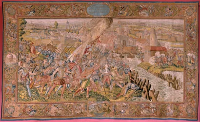 flamsk billedvev. Serietriumfer og slag av erkehertug Albert. Overraskelse på Calais (La sorpresa de Calais). Første billedvev i serien. Modell Otto van Veen og Hans I Snellinck. Produksjon Martin Reynbouts, Brussel. 1597-1599. Stoff Gull, sølv, si