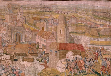 flamsk billedvev. Serietriumfer og slag av erkehertug Albert. Overraskelse på Calais (La sorpresa de Calais). Første billedvev i serien. Modell Otto van Veen og Hans I Snellinck. Produksjon Martin Reynbouts, Brussel. 1597-1599. Stoff Gull, sølv, si
