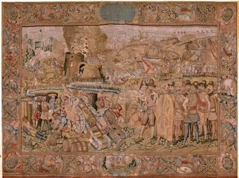 flamsk billedvev. Serietriumfer og slag av erkehertug Albert. Erobringen av byen Hulst (Toma de la Plaza de Hulst). Syvende billedvev i serien. Modell Otto van Veen og Hans I Snellinck. Produksjon Martin Reynbouts, Brussel