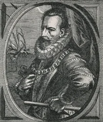 Portrett av condottiere Alexander (Alessandro) Farnese, hertug av Parma, guvernør i de lave landene (1545-1592), etter Otto van Veen (1556-1629) (gravering)