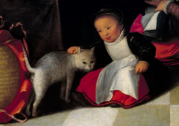 Kunstneren og hans familie Detalj som representerer katten og barnet. Maleri av Octavius Van Veen (1556-1629)