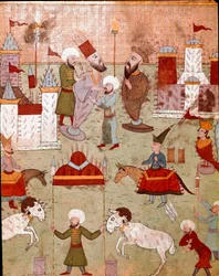 Festligheter organisert i anledning omskjæringen av sønnen til den osmanske sultanen Murad II (Murat) (1404-1451), forberedelse av fyrverkeri Miniatyr av Istanbul fra 1500-tallet, Topkapi Sarayi Museum Library