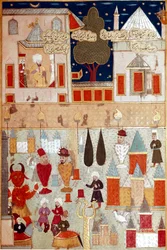 Festligheter organisert i anledning omskjæringen av sønnen til den osmanske sultanen Murad II (Murat) (1404-1451), forberedelse av fyrverkeri Miniatyr av Istanbul fra 1500-tallet, Topkapi Sarayi Museum Library