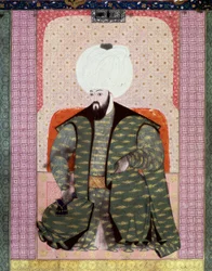 Det osmanske riket: "" Portrett av den osmanske sultanen Bajazed (Bayezid, Bajazet, Bayazid) II den rettferdige (1447-1512)"" Miniatyr fra manuskriptet (Ms. 1973, folio 62a) "" Zubdat al Tawarikh" (Zubdat al Tawarikh) (Creme of Stories) av historikeren Sey