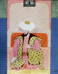 Det osmanske riket: "" Portrett av den osmanske sultanen Murad II (Murat) (1404-1451)"" Miniatyr fra manuskriptet (Ms. 1973, folio 62a) "" Zubdatat-al Tawarikh"" (Creme of Stories). ) av historiker Seyyyid Loqman Ashuri 1538. Tyrkisk og islamsk