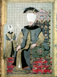 Det osmanske riket: Portrett av Sultan Ahmet (eller Ahmed) III (1673-1736)”” Det er representativt å peke fingeren for å indikere ordren om å slakte janitsjarordenen. Miniatyr Istanbul, Topkapi Sarayi-museet, Tyrkia