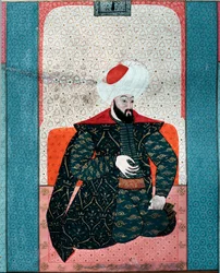 Det osmanske riket: "" Portrett av Sultan Othman I (Othman Gazi rahimahu llah) (1258-1326)"" Miniatyr fra "Zubdat al Tawarikh"" (Ms. 1973, fol. 59a) av Seyyyd Lokman Ashuri 1583 Istanbul, tyrkisk Kunstmuseum