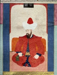 Det osmanske riket: "" Portrett av sultanen fra det osmanske riket Orhan (Orkhan eller Urchan) I (1281-1360)"" Miniatyr fra "" Zubdat al Tawarikh"" (Ms. 1973, fol. 59b) av Seyyyd Lokman Ashuri 1583 Istanbul, tyrkisk-islamsk kunstmuseum