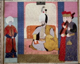 Det osmanske riket: "" Sultan Murad III (1546-1595) omgir hoffmenn""" Miniatyr fra "Zubdat al Tawarikh"" (Ms. 1973, fol. 59b) av Seyyd Lokman Ashuri 1583 Istanbul, Tyrkisk-islamsk kunstmuseum
