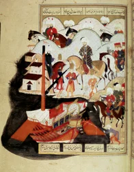 Det osmanske riket: "" Sultan Murad III (1574-1595) Besøker havnen i Konstantinopel"" Manuskript miniatyr ms. FY 1404 "" Sehinsahname"" (eller Shahinshah-nameh eller Shahinshah-nameh, Shahinshah nama, Shahinshah nameh) "" The Story of the King of Kings"" d
