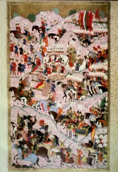 Det osmanske riket: "" Sultan Soliman (Suleyman) Jeg sa det storslåtte i slaget ved Mohacs 29.08.1526 mot hæren til kongeriket Ungarn, kommandert av kong Louis II""" Miniatyr fra "Hunername" av Lokman, vol. 1 (H 1523, f.256b) 1584 Topkapi S