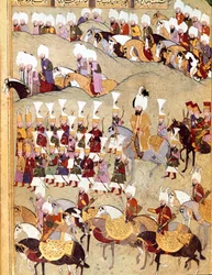 Det osmanske riket: "" representasjon av den osmanske sultanen Murad II (Murat) (1404-1451) og hans Armee under invasjonen av Persia""" Manuskript miniatyr ms. FY 1404 "" Sehinsahname"" (eller Shahinshah-nameh eller Shahinshah-nameh, Shahinshah nama, Shahi