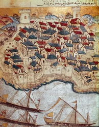Det osmanske riket: representasjon av en befestet by på bredden av Donau erobret av Soliman (Suleyman) Jeg sa den storslåtte (1520-1566) under hans marsj mot Budapest og Wien (1526-1529). 1500-talls miniatyr. Topkapi Sarayi Istanbul