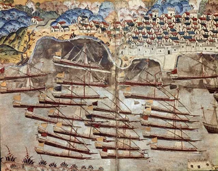 Det osmanske riket: representasjon av flåten til Barberossa (Khizir Khayr ad-din (Barbaros Hozor Hayreddin Pasha eller Pasa eller Chair ad Din, Chaireddin eller Cheireddin) (1466-1546), privatperson, vendt mot byen Nice 