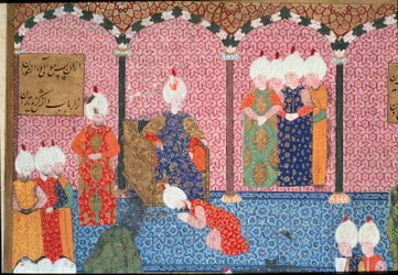 Portrett av Soliman (Suleyman) I den storslåtte (1494-1566), Sultan Ottoman omgir hoffet sitt ved seremonien for tiltredelse til trondetaljen. Miniatyr hentet fra 