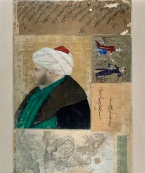 Portrett av sultanen fra det osmanske riket Mehet II (Mehmet II erobreren eller Mehmed II Fatih) (1430-1481) Tyrkisk miniatyr fra manuskriptet Ms. H. 2153, folio 145b. Slutten av 1400-tallet. Istanbul, Biblioteca Topkapi Sarayi