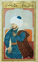 Portrett av sultanen i Det osmanske riket Mehmed II (Mehmet II Erobreren eller Mehmed II Fatih) (1430-1481). Miniatyr fra manuskriptet «Menneskelig fysiognomi (Om osmanernes personlige tilbøyeligheter)» av Seyyid Lokman Hussein (Ms. ty6087, folio)