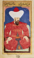 Portrett av sultanen fra det osmanske riket Orhan (Orkhan eller Urchan) I (1281-1360) Miniatyr fra manuskriptet "" Menneskelig fysiognomi (Om personlige arrangementer av osmanerne) av Seyyid Lokman Hussein. (Ms. ty6087 folio 25b)