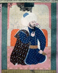 Portrett av sultanen fra det osmanske riket Mehet II (Mehmet II erobreren eller Mehmed II Fatih) (1430-1481) Miniatyr fra manuskriptet (Ms. 1973, folio 62a) “Zubdatat-al Tawarikh” (Zubdat al-Tawarikh) ( Creme of Stories) av historikeren Seyyid Loqman As