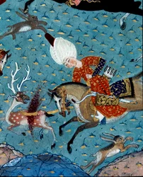 Representasjon av hoffmennene til Sultan Murad II (Murat) (1404-1451) som jakter hjort og hare Detalj. 1600-talls miniatyr. Istanbul, Topkapi Sarayi museumsbibliotek