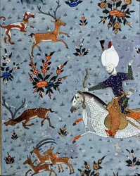 Representasjon av hoffmennene til Sultan Murad II (Murat) (1404-1451) som jakter hjort. 1600-talls miniatyr. Istanbul, Topkapi Sarayi museumsbibliotek