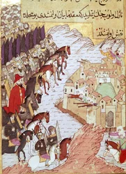 Andre korstog (1147-1149): Korstogene foran byen Aleppo i Syria. 1500-talls miniatyr. Topkapi Sarayi Istanbul