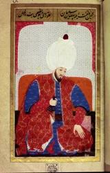 Soliman (Suleyman) I the Magnificent (1494-1566), Sultan Ottoman Miniature fra manuskriptet "" Human Physiognomy (Om personlige arrangementer av ottomaner) av Seyyid Lokman Hussein. (Ms. ty6087 folio 27b)