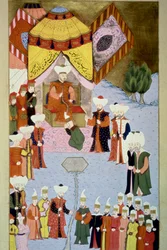 Sultan Bayezid (eller Bajazet) I (1360-ca. 1402) har sin miniatyrdomstol fra "Hunername" av Lokman, vol. 1 (H 1523, f.7) 1584 Topkapi Sarayi Museum Library Istanbul