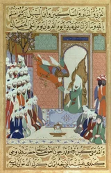 Erkeengelen Gabriel avslører den åttende suraen, kapittel i Koranen, en miniatyr Muhammed fra "Siyari Nabi" (Profetens liv)