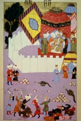Attentatet på Sultan Murad I (1326-1389) av den serbiske ridder Milos Obilic (Kobilic eller Kobilovic) (død 1389) i slaget ved Kosovo etter ottomanernes seier over serbernes miniatyr fra Lokmans "Hunername", vol. 1 (H 1523, f.7) 1584 Til