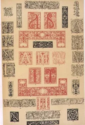 Eksempler på typografiske utsmykninger fra Italia og Frankrike fra 1500 -tallet, utgitt av Aldine, Giunta og Stephan, kapittel XIX, plate XC, fra 'Grammar of Ornament' 1868 (farge lito)