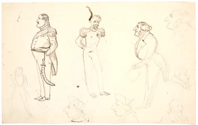 Karikatur av Frederik VII og andre, bl.a. Grundtvig, trolig Orla Lehmann m.fl.