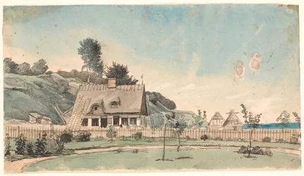 Kystlandskap med stråtakhus.
