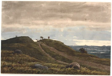 Landskap med en sandvei som fører over en lyngbakke. Til høyre utsikt over et vidstrakt land med torvmyrer. Fra Raageleje-området?