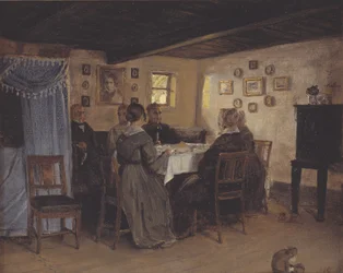 Kunstnerens venner og familie sitter rundt et bord. Vejby, Nordsjælland