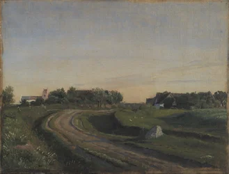 Vejby med Kirken sett fra nord. Kveldslys. Sjælland