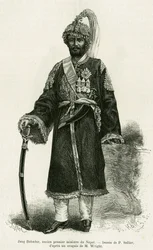 Jang Bahadur (1816-1877), statsminister i Nepal. Gravering av P.Sellier for å illustrere historien Voyage au Nepal, av Dr. Gustave Le Bon (1841-1931), i le tour du monde 1886, regissert av Edouard Charton (1807-1890), Hachette, Paris.