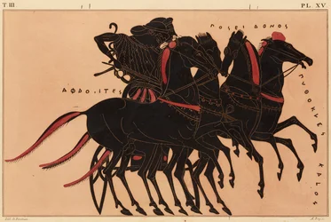 Trykk av dekorasjonen på en gresk amfora, som viser Afrodite som kjører Poseidon i en vogn, ca. 1858 (akvarell og kroppsfarge over litho på vevd papir)