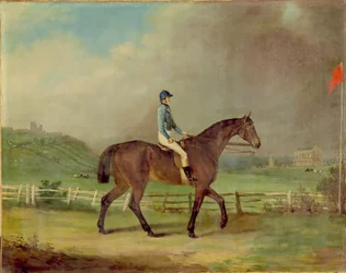 Mr. Hindleys Rosina med eieren oppe, på Lincoln veddeløpsbane, med katedralen bortenfor
