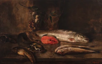 Et stilleben av fisk med karpe, steinbit, laks, rød mulle, ål og såle på en bordplate med hengende hvitløk og sjalottløk, død fisk, ca. 1775-1800 (olje på lerret)