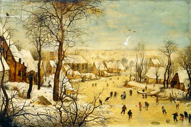 En landsby om vinteren med en fuglefelle og skatere på en frossen vannvei,