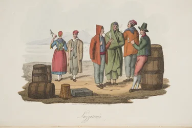 Lazzaroni's fra Italian Scenery, som representerer manerer, skikker og fornøyelser i de forskjellige statene i Italia, pub. 1806 (håndfarget gravering)