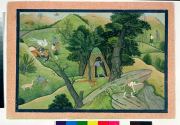 74.73 Rama og Lakshmana vandrer på jakt etter Sita, fra Ramayana, Kangra, Himachal Pradesh, 1780