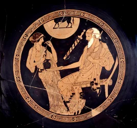 Ilioupersis Cup: kopp med røde figurer som representerer Briseis og gamle Phenix (Phoenix), Achilles-pedagog. Tilskrevet Brygos (5. århundre f.Kr.). Paris, Louvre-museet